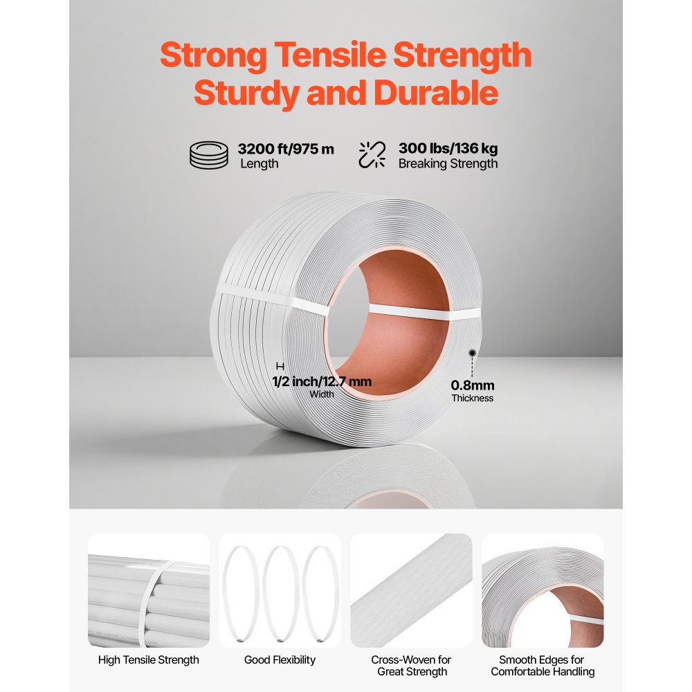VEVOR Umreifungsset, Hochleistungs-Umreifungsgerät mit 975 m PP-Band, 1000 Metallplomben, 50 Eckenschützern, Kunststoff-Palettenverpackungsset für Lager/Versand/Umzug