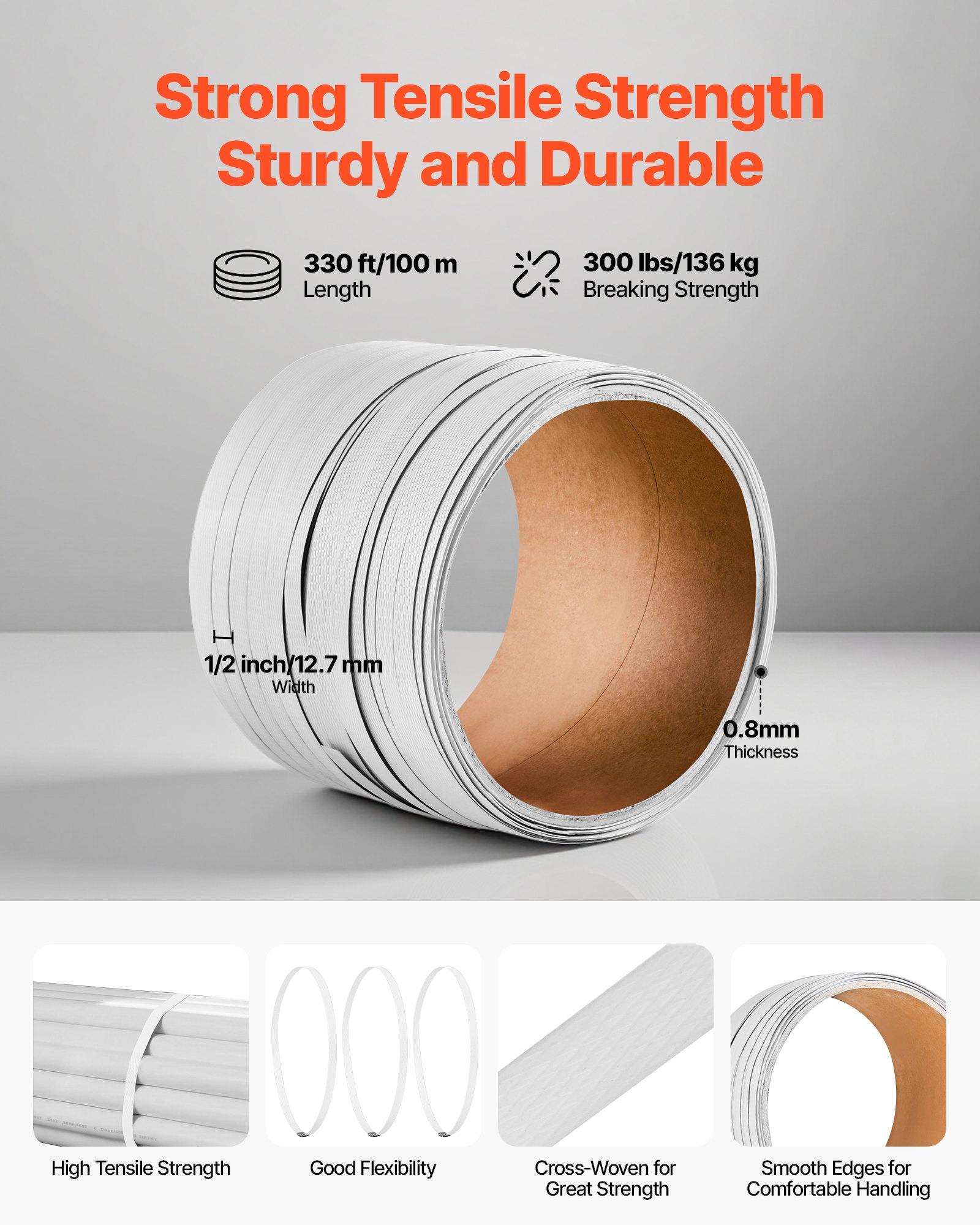 VEVOR 4 tlg. Umreifungsset mit Umreifungsband, Manuelle Umreifungsgerät mit 100 m PET Band, 100 Metallklammern & Schneider, Ideale Werkstattausstattung für industrielle Verpackung, Transport & Lager
