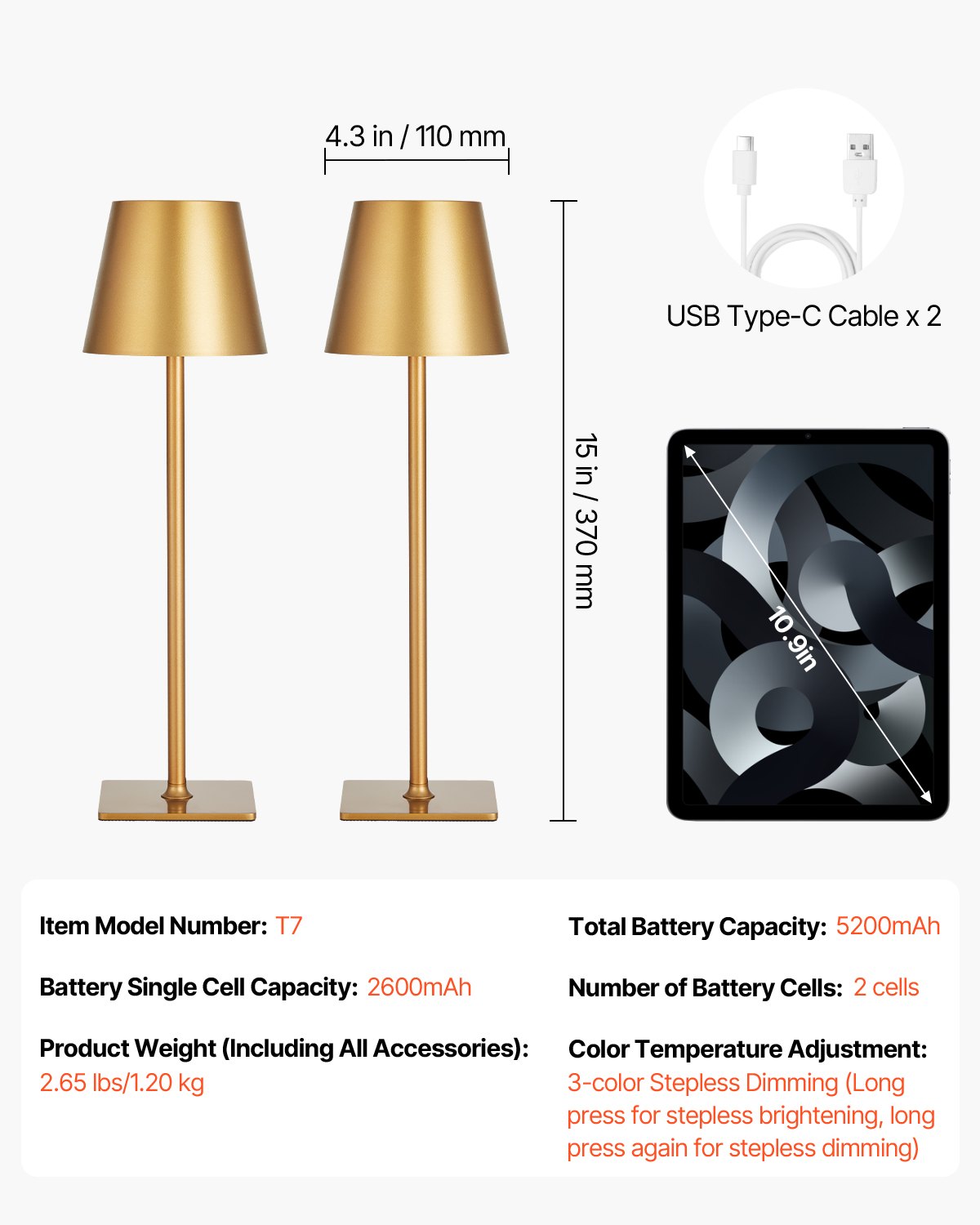 VEVOR wireless table lamp (2 pcs.) with 5200 mAh built-in rechargeable battery, 3-color stepless dimming, 3000-6500 K color temperature, desk lamp gold