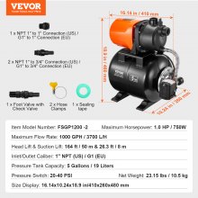 VEVOR 750W Gartenpumpe Bewässerungspumpe Poolpumpe Flachbrunnenpumpe 3700L/h