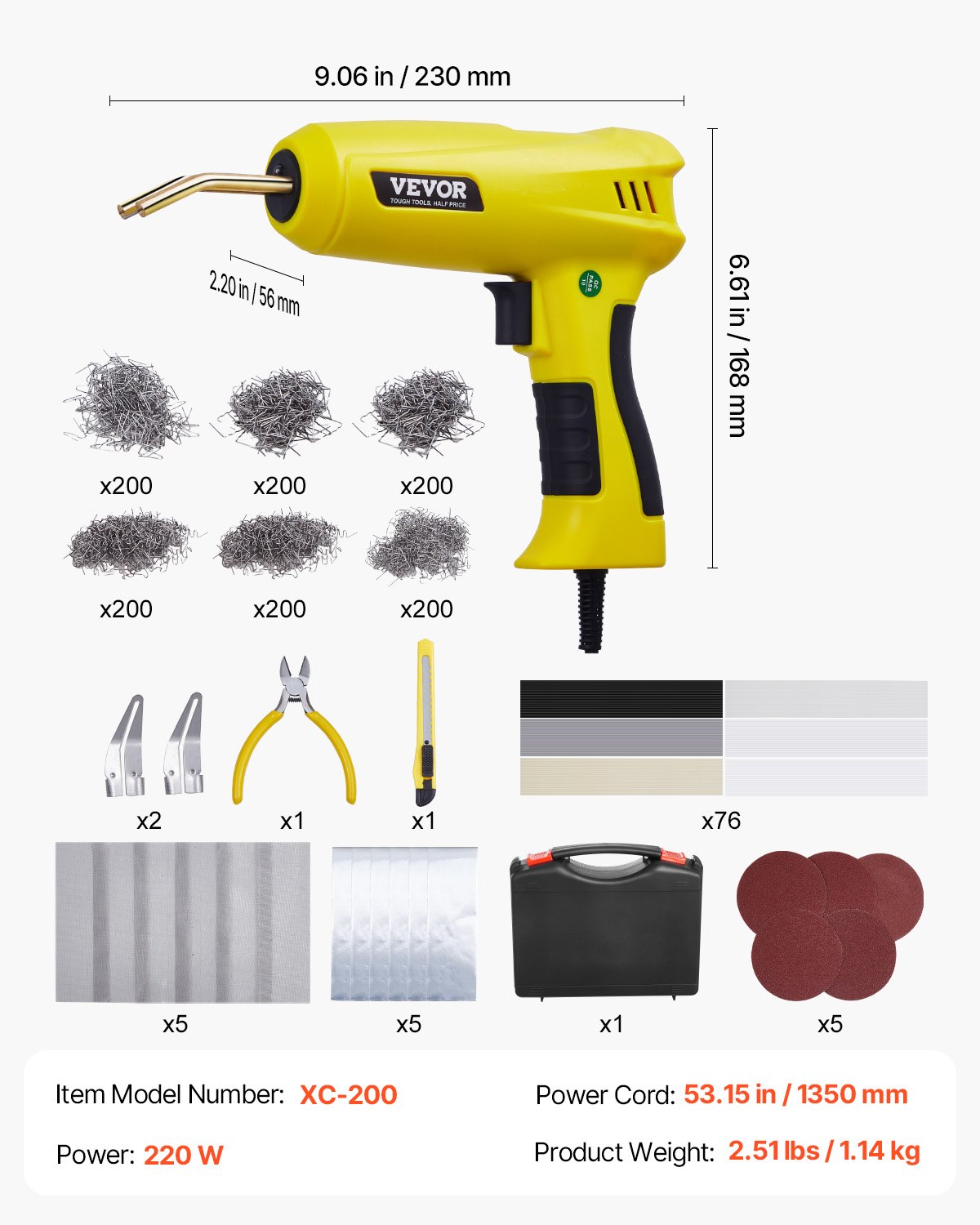 VEVOR Plastic Welding Machine, 220W Welding Gun with 1200 Hot Clamps and 76 Welding Rods, Plastic Repair Kit with LED Light, Carrying Case for Kayaks, Toys, Car Bumper Repair