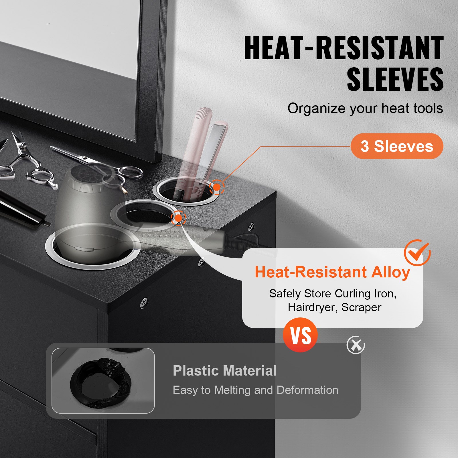 VEVOR Salon-Aufbewahrungsschrank, Wandmontage Friseursalon-Station für Friseure, Friseurstation-Set, mit 3 Fächern, einem Spiegel, einem Doppeltürschrank und einer Schublade, Schwarz, 75 x 30 x 140 cm