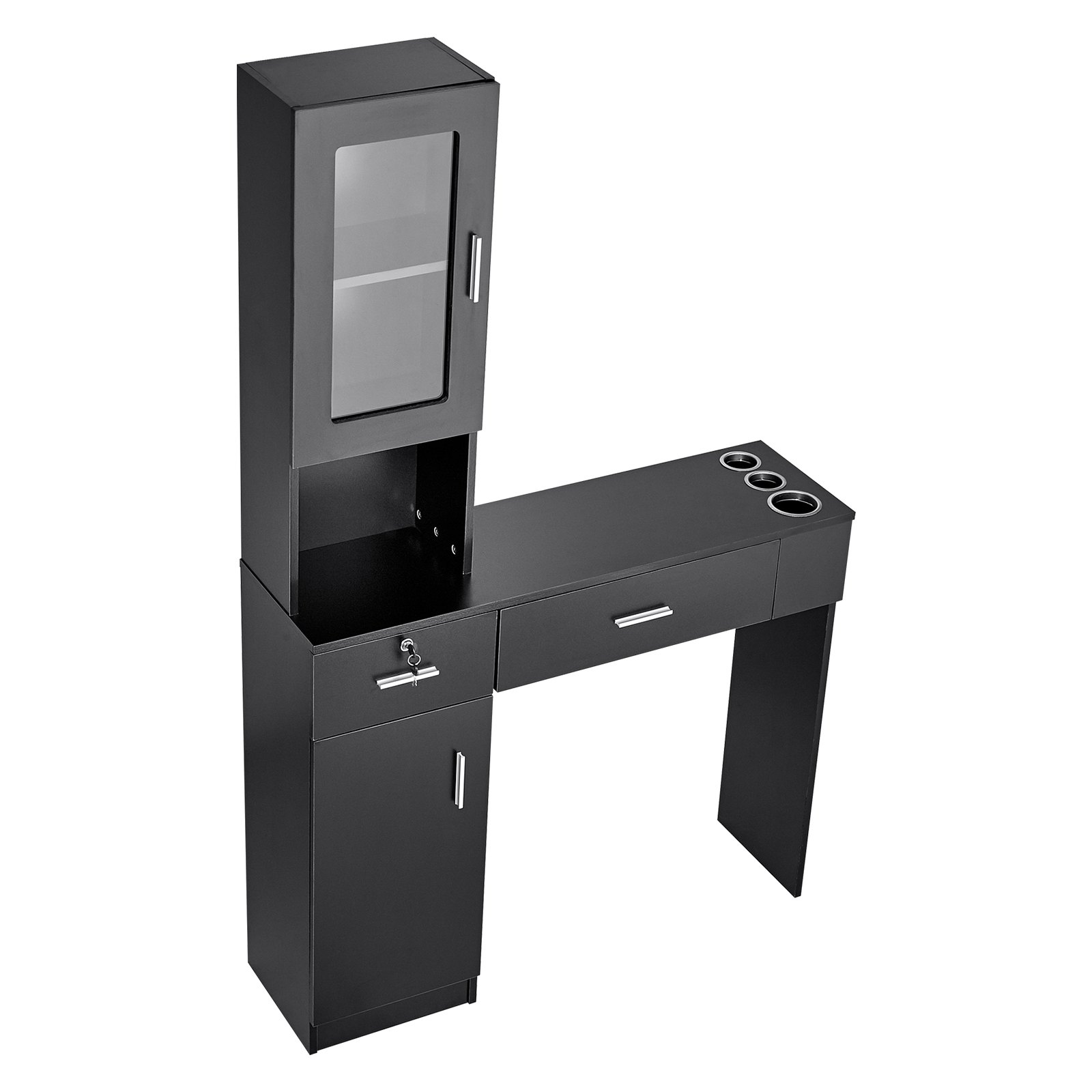 VEVOR Salonstation, Wandmontage, Friseursalonstation für Friseure, Beauty-Spa-Möbelset, 1 Lagerschrank, 3 Fächer und 2 Schubladen (eine abschließbar), Schwarz, 102,8 x 30 x 170 cm