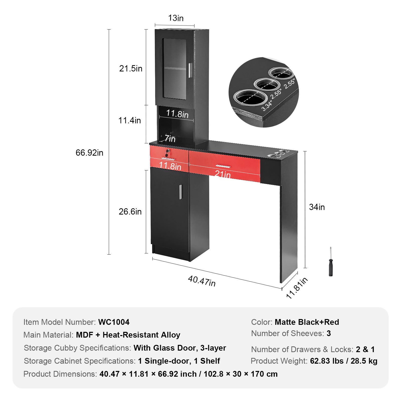 VEVOR Salonstation, Wandmontage, Friseursalonstation für Friseure, Beauty-Spa-Möbelset, 1 Lagerschrank, 3 Fächer und 2 Schubladen (eine abschließbar), Schwarz und Rot, 102,8 x 30 x 170 cm