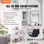 VEVOR-Salon-Arbeitsplatz mit verschiedenen Aufbewahrungslösungen, Spiegel, Stylingstuhl und organisierten Utensilien.