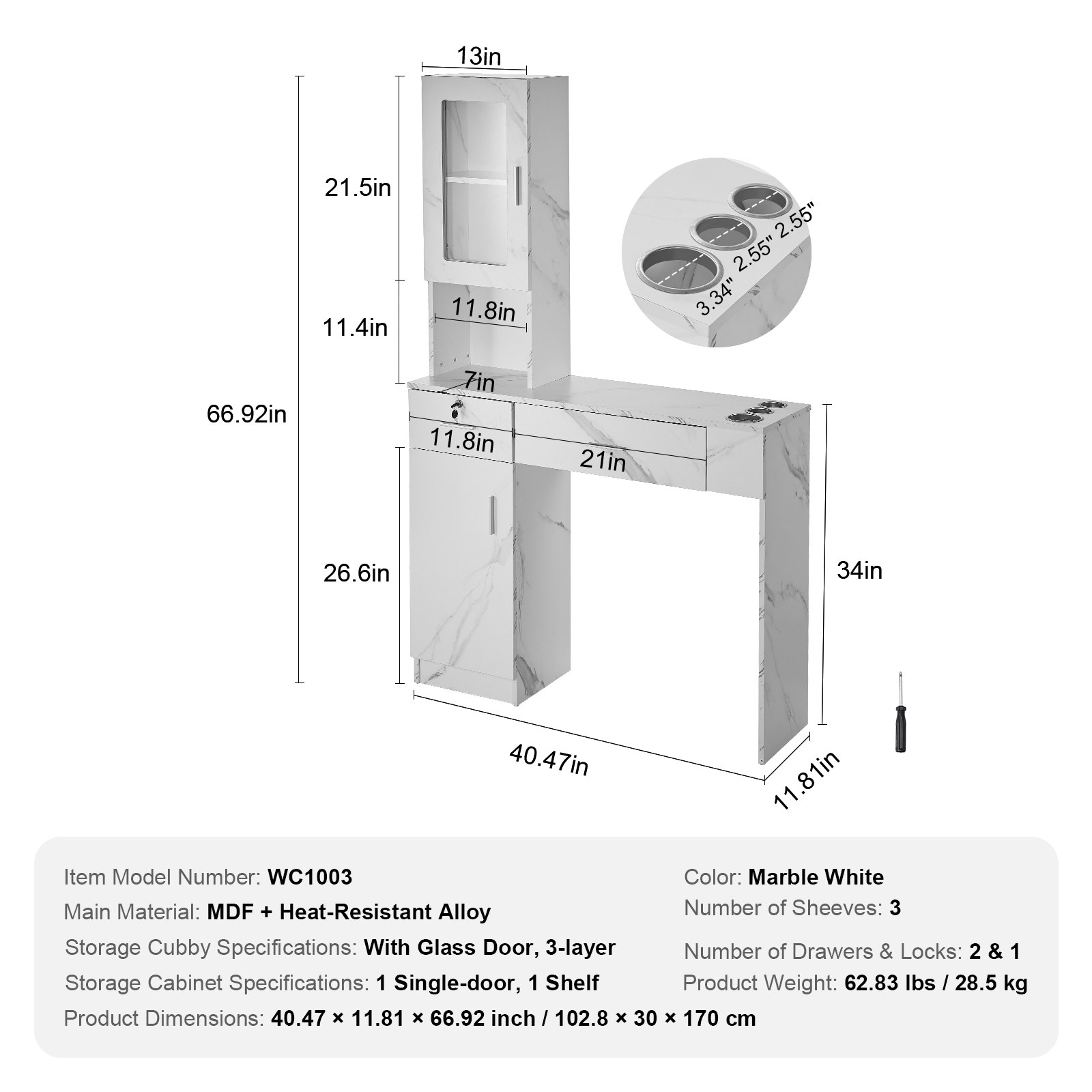 VEVOR Salon Station, Wall Mounted, Hair Salon Station for Hairdressers, Beauty Spa Furniture Set, 1 Storage Cabinet, 3 Shelves and 2 Drawers (one lockable), White, 102.8 x 30 x 170 cm