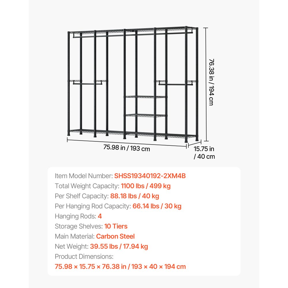 VEVOR Kleiderständer Garderobenständer (verstellbar) mit 4 Kleiderstangen & 499 kg Tragkraft & 10 Regalen, robuster offener Kleiderschrank für Schlafzimmer Bekleidungsgeschäft Garderobe Flur