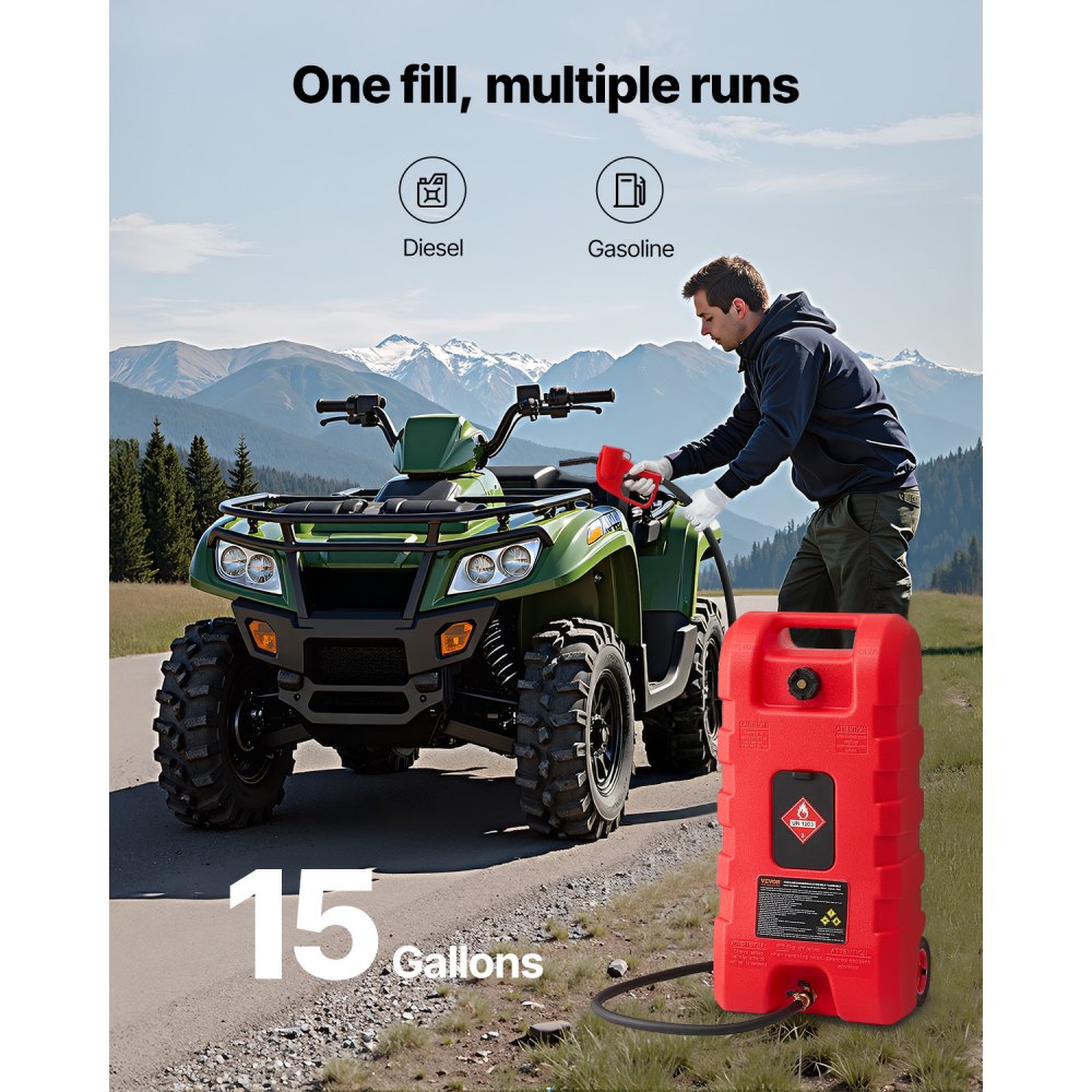 VEVOR Fuel Trolley, 56.78 L, Fuel Canister with Gravity & Hand Pump Mode, Petrol Canister, 3 m Delivery Hose & Hand Pump, Gas Tank for Motorboats, Off-Road Vehicles, Petrol & Diesel