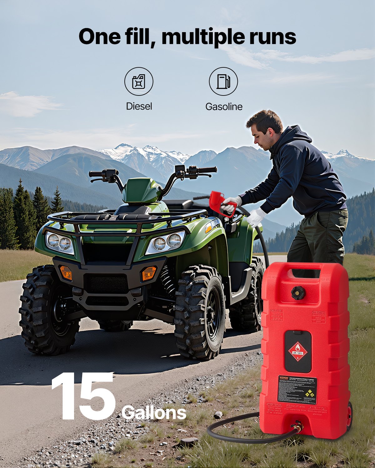 VEVOR Fuel Trolley, 56.78 L, Fuel Canister with Gravity & Hand Pump Mode, Petrol Canister, 3 m Delivery Hose & Hand Pump, Gas Tank for Motorboats, Off-Road Vehicles, Petrol & Diesel