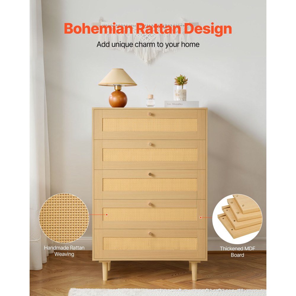VEVOR Rattankommode Aufbewahrungsschrank mit 5 Schubladen & Metallgriffen & Holzbeinen, moderner Rattanschrank für Schlafzimmer Wohnzimmer Flur (70,2x40x106,5 cm) Kleidungsschrank Schubladenschrank