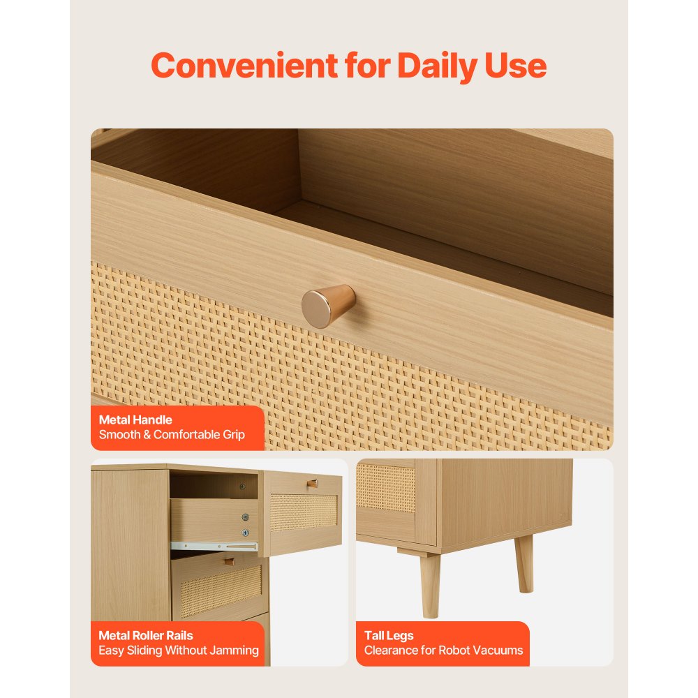 VEVOR Rattankommode Aufbewahrungsschrank mit 5 Schubladen & Metallgriffen & Holzbeinen, moderner Rattanschrank für Schlafzimmer Wohnzimmer Flur (70,2x40x106,5 cm) Kleidungsschrank Schubladenschrank