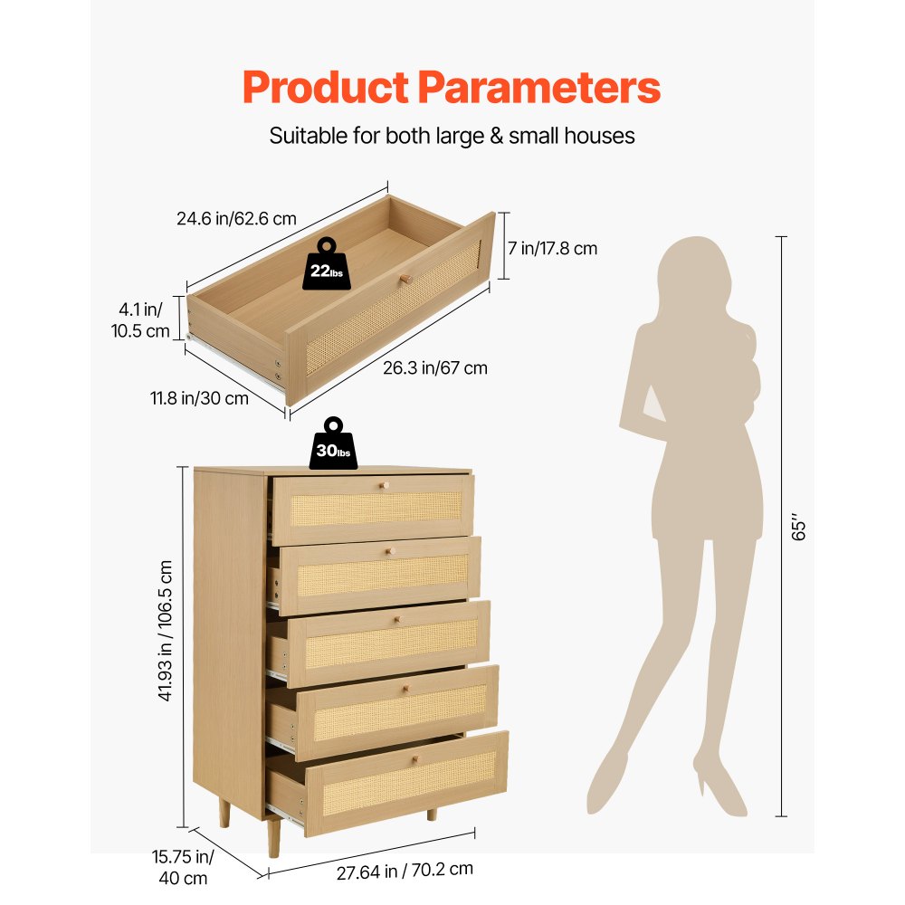 VEVOR Rattankommode Aufbewahrungsschrank mit 5 Schubladen & Metallgriffen & Holzbeinen, moderner Rattanschrank für Schlafzimmer Wohnzimmer Flur (70,2x40x106,5 cm) Kleidungsschrank Schubladenschrank