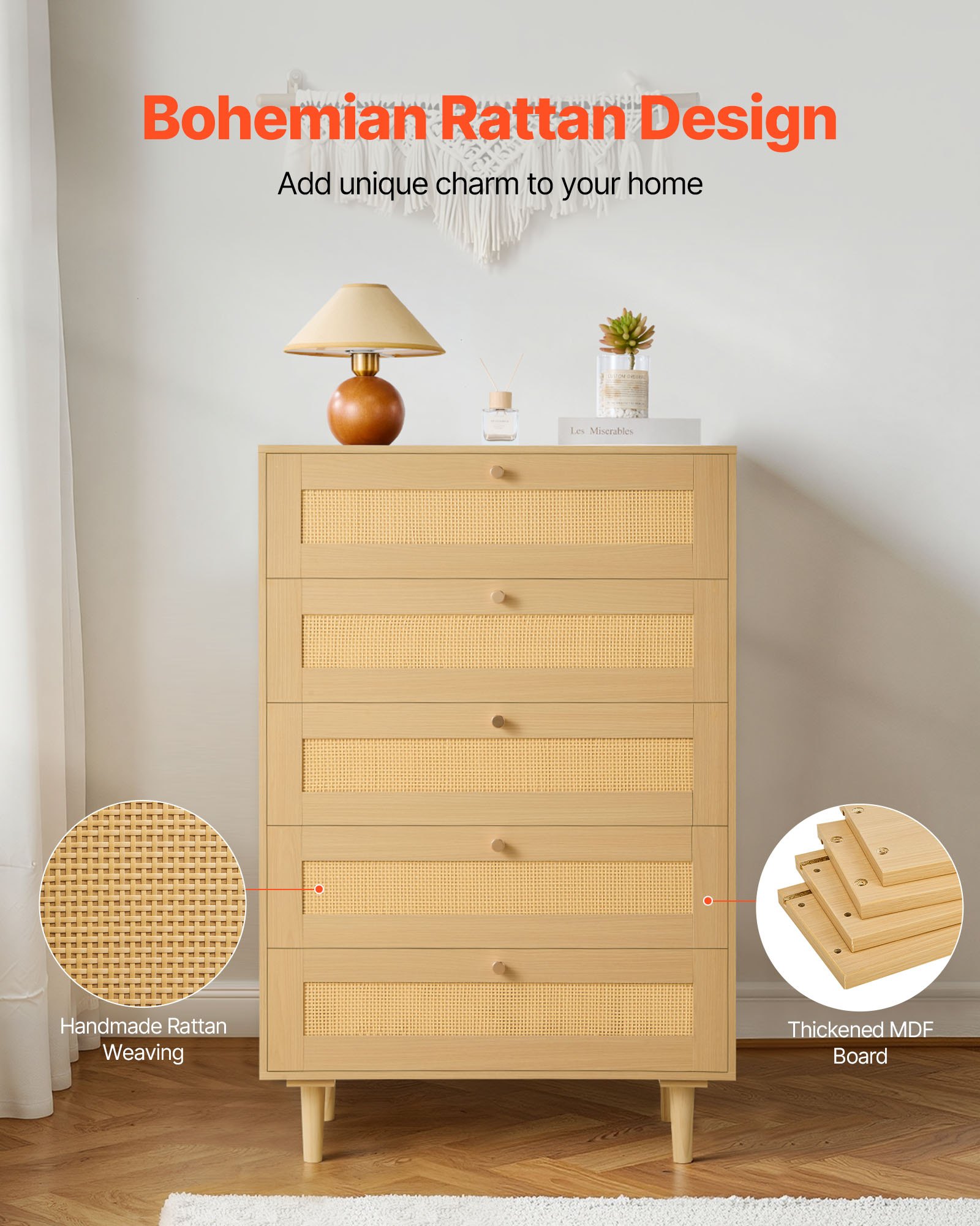 VEVOR Rattankommode Aufbewahrungsschrank mit 5 Schubladen & Metallgriffen & Holzbeinen, moderner Rattanschrank für Schlafzimmer Wohnzimmer Flur (70,2x40x106,5 cm) Kleidungsschrank Schubladenschrank