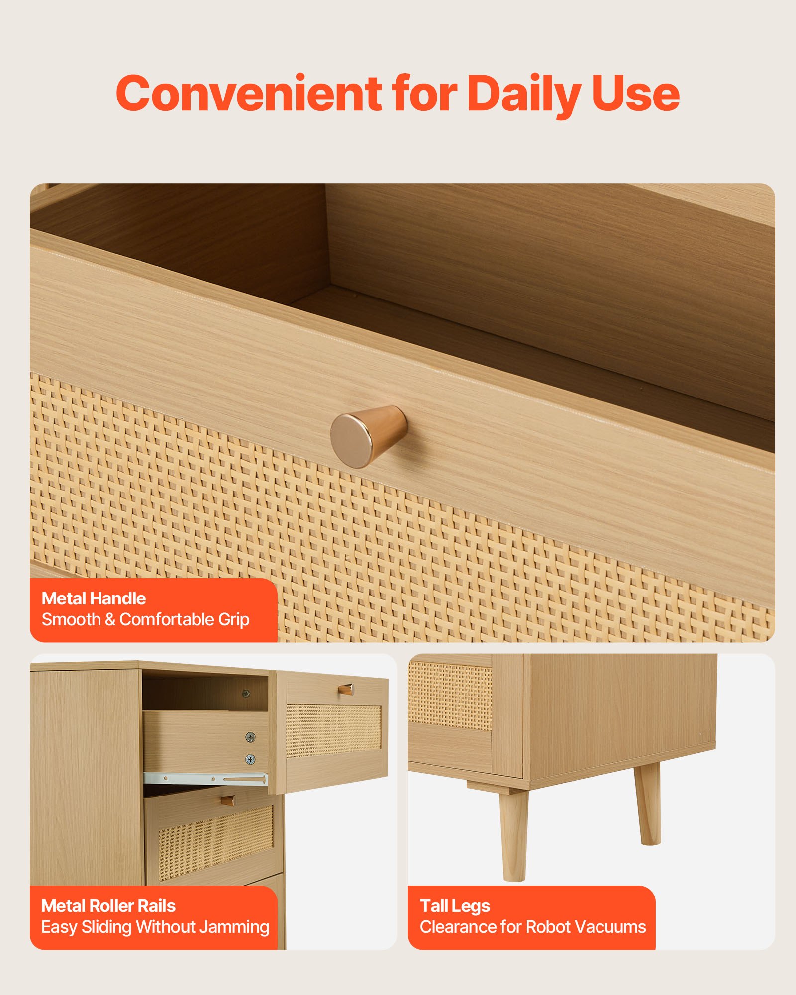 VEVOR Rattankommode Aufbewahrungsschrank mit 5 Schubladen & Metallgriffen & Holzbeinen, moderner Rattanschrank für Schlafzimmer Wohnzimmer Flur (70,2x40x106,5 cm) Kleidungsschrank Schubladenschrank