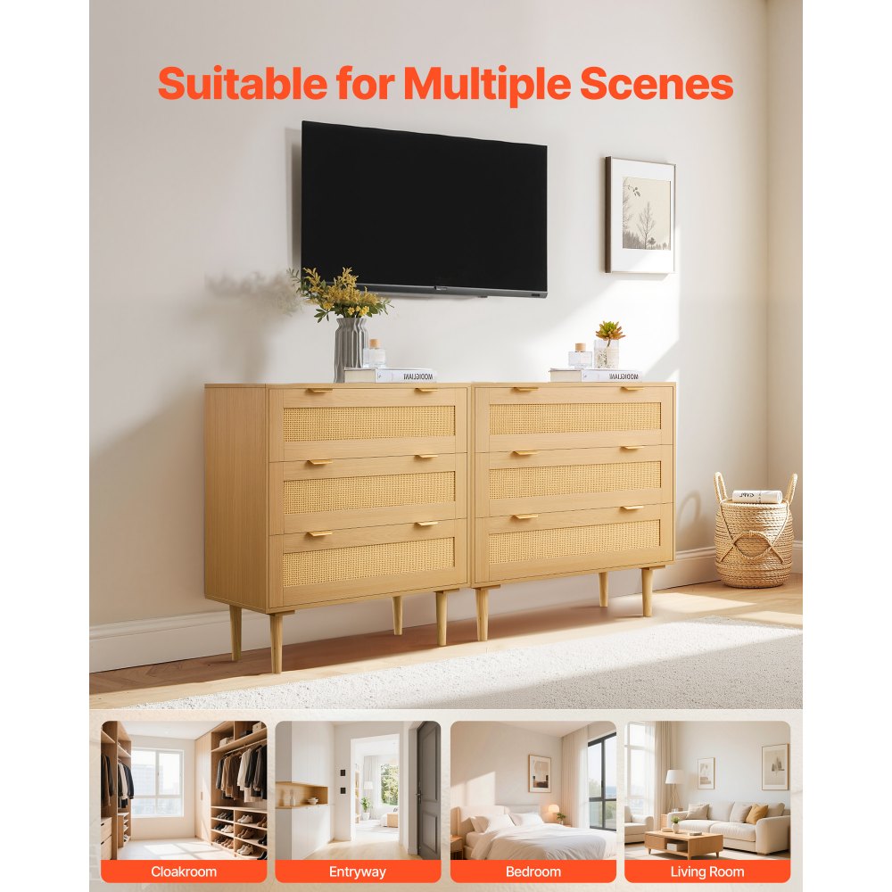 VEVOR Rattankommode Aufbewahrungsschrank mit 3 Schubladen & Metallgriffen & Holzbeinen, moderner Rattanschrank für Schlafzimmer Wohnzimmer Flur (80 x 35 x 77 cm) Kleidungsschrank Schubladenschrank