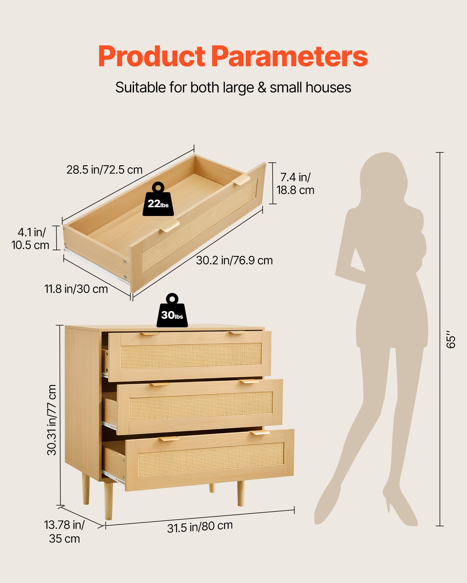 VEVOR Rattankommode Aufbewahrungsschrank mit 3 Schubladen & Metallgriffen & Holzbeinen, moderner Rattanschrank für Schlafzimmer Wohnzimmer Flur (80 x 35 x 77 cm) Kleidungsschrank Schubladenschrank