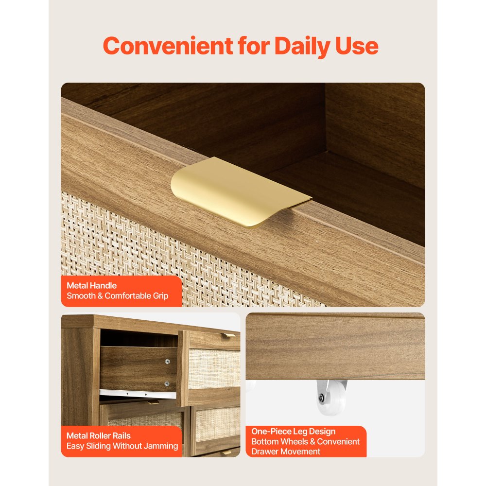 VEVOR Rattankommode Aufbewahrungsschrank mit 6 Schubladen & Metallgriff, moderner Rattanschrank für Schlafzimmer Wohnzimmer Flur (144,5 x 45 x 79,5 cm) Kleidungsschrank Schubladenschrank Walnuss
