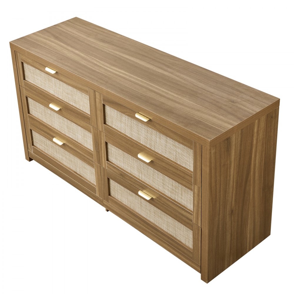 VEVOR Rattankommode Aufbewahrungsschrank mit 6 Schubladen & Metallgriff, moderner Rattanschrank für Schlafzimmer Wohnzimmer Flur (144,5 x 45 x 79,5 cm) Kleidungsschrank Schubladenschrank Walnuss