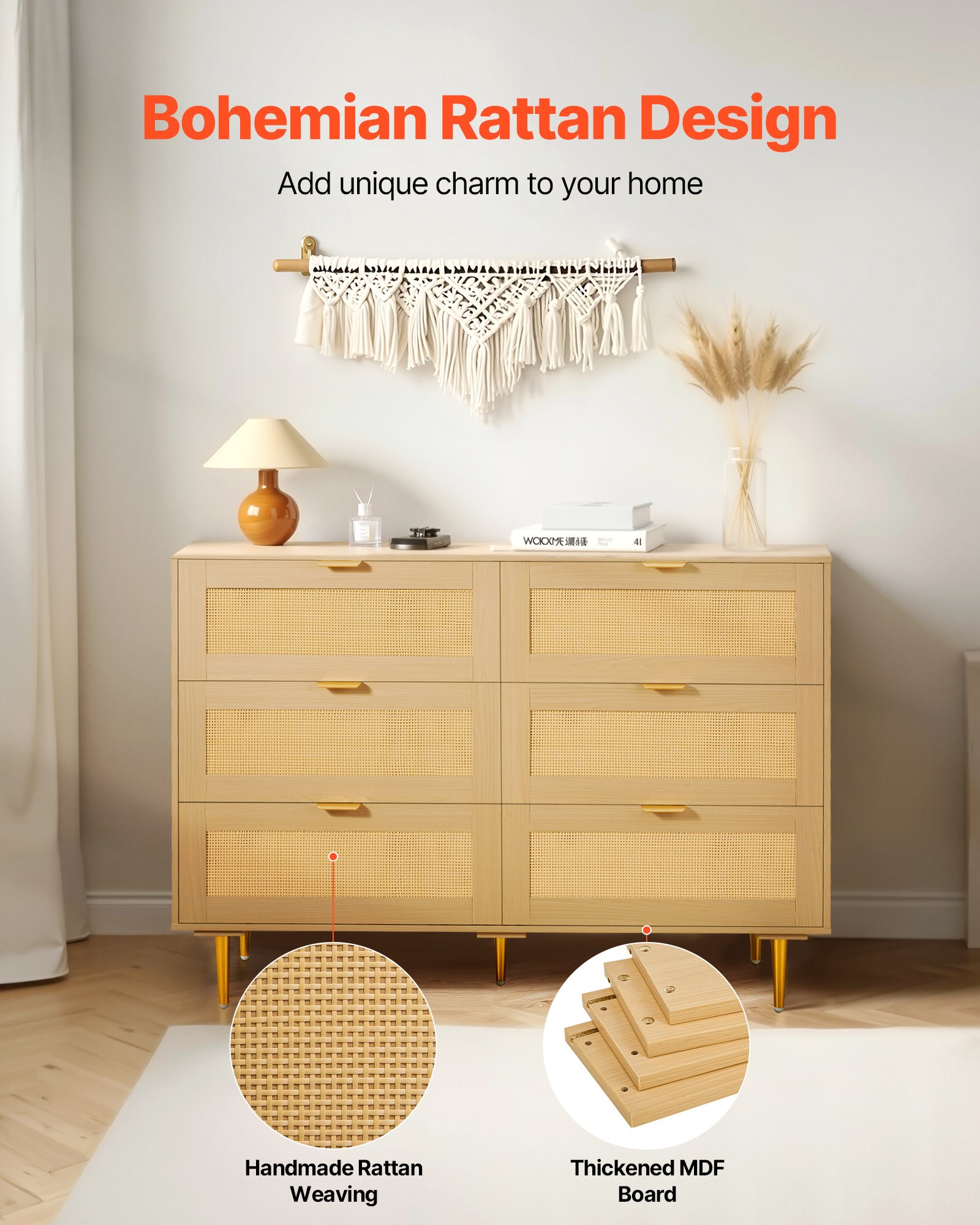 VEVOR Rattankommode Aufbewahrungsschrank mit 6 Schubladen & Metallgriffen und -beinen, moderner Rattanschrank für Schlafzimmer Wohnzimmer Flur (120 x 39,5 x 85,4 cm) Kleidungsschrank