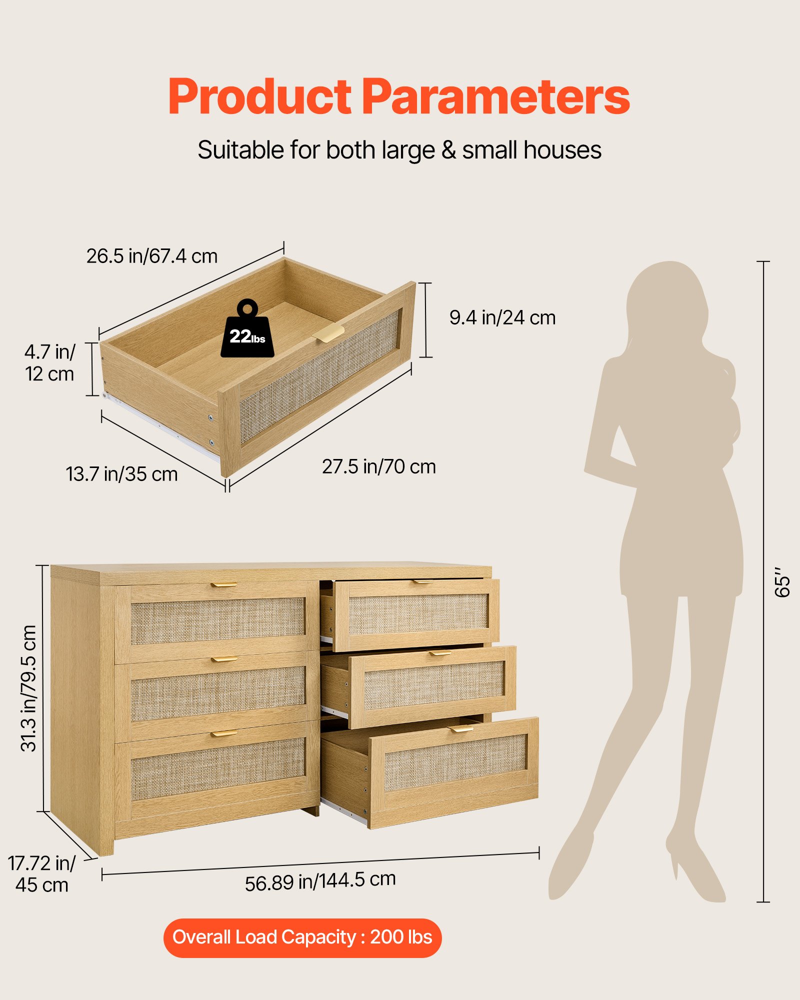 VEVOR Rattankommode Aufbewahrungsschrank mit 6 Schubladen & Metallgriffen, moderner Rattanschrank für Schlafzimmer Wohnzimmer Flur (144,5 x 45 x 79,5 cm) Kleidungsschrank Schubladenschrank