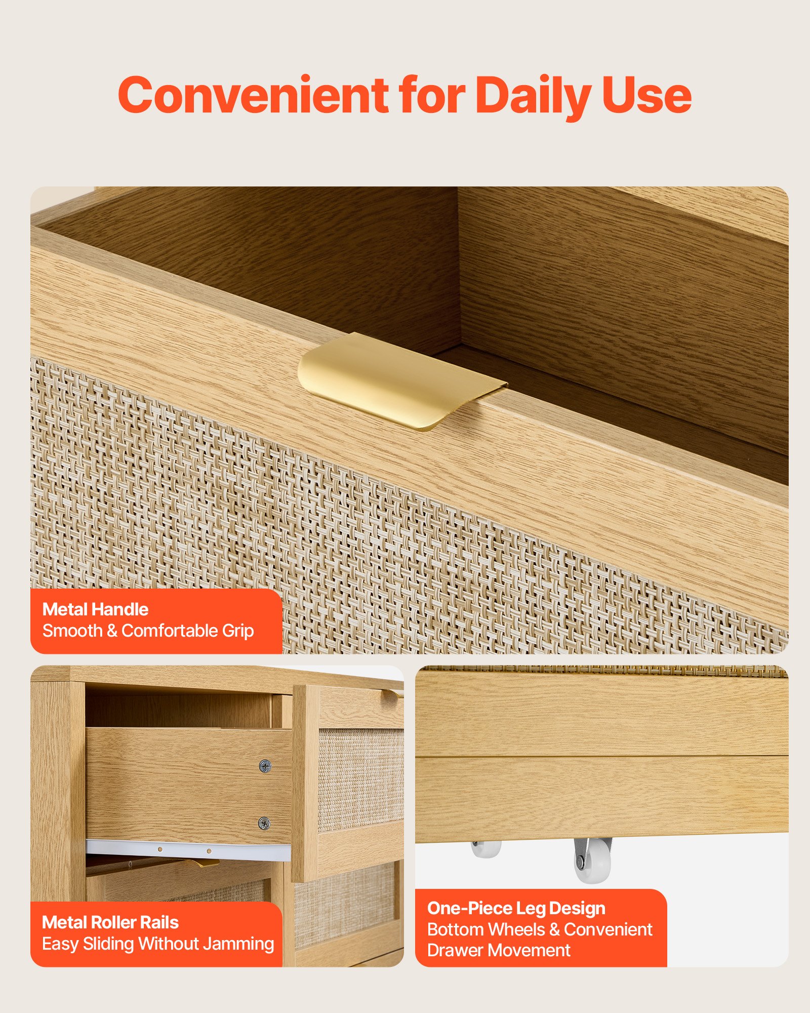 VEVOR Rattankommode Aufbewahrungsschrank mit 6 Schubladen & Metallgriffen, moderner Rattanschrank für Schlafzimmer Wohnzimmer Flur (144,5 x 45 x 79,5 cm) Kleidungsschrank Schubladenschrank