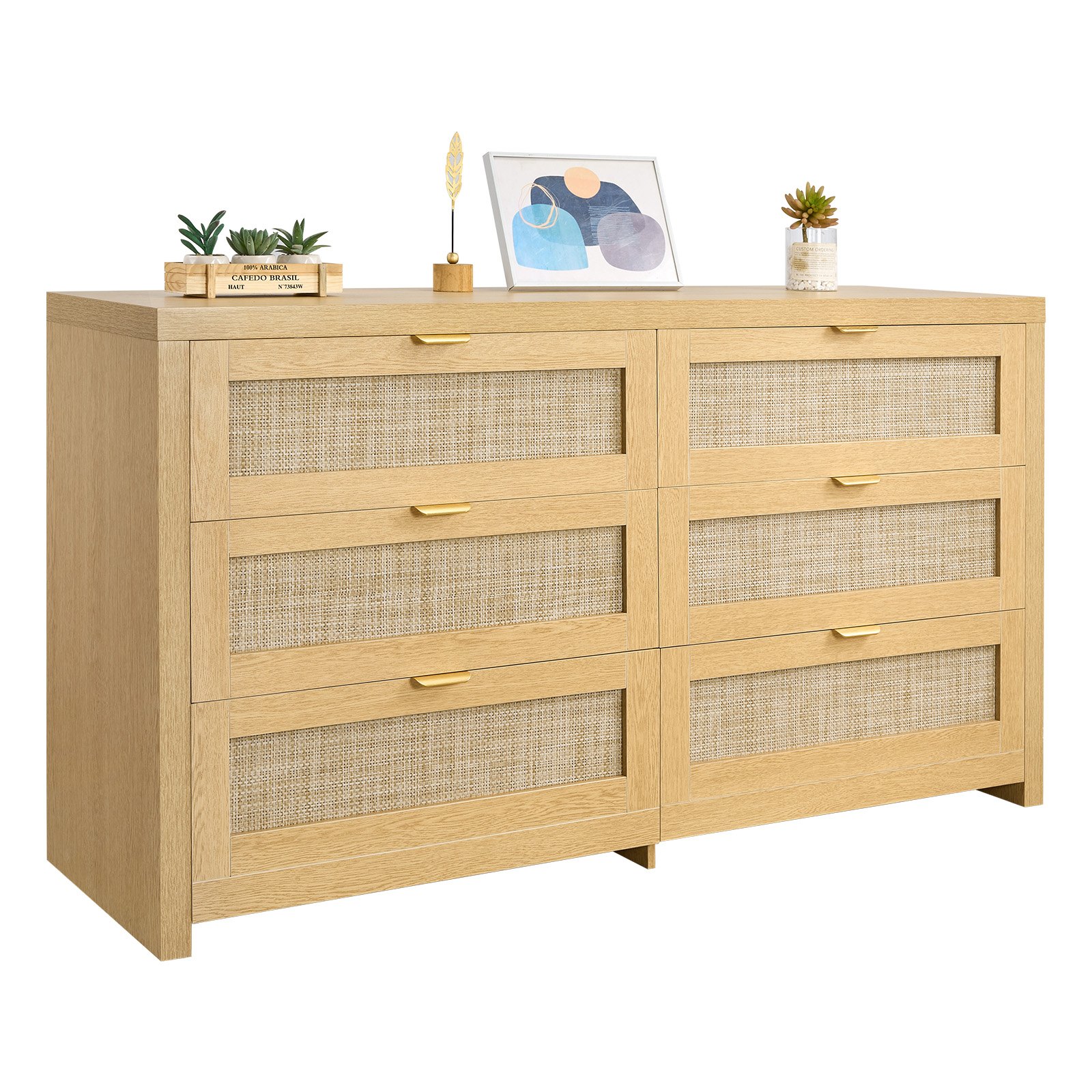 VEVOR Rattankommode Aufbewahrungsschrank mit 6 Schubladen & Metallgriffen, moderner Rattanschrank für Schlafzimmer Wohnzimmer Flur (144,5 x 45 x 79,5 cm) Kleidungsschrank Schubladenschrank