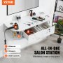 VEVOR-Salonstation mit 5 Regalen, 2 Schubladen und Seitenschränken, organisiert mit Werkzeugen und Produkten.