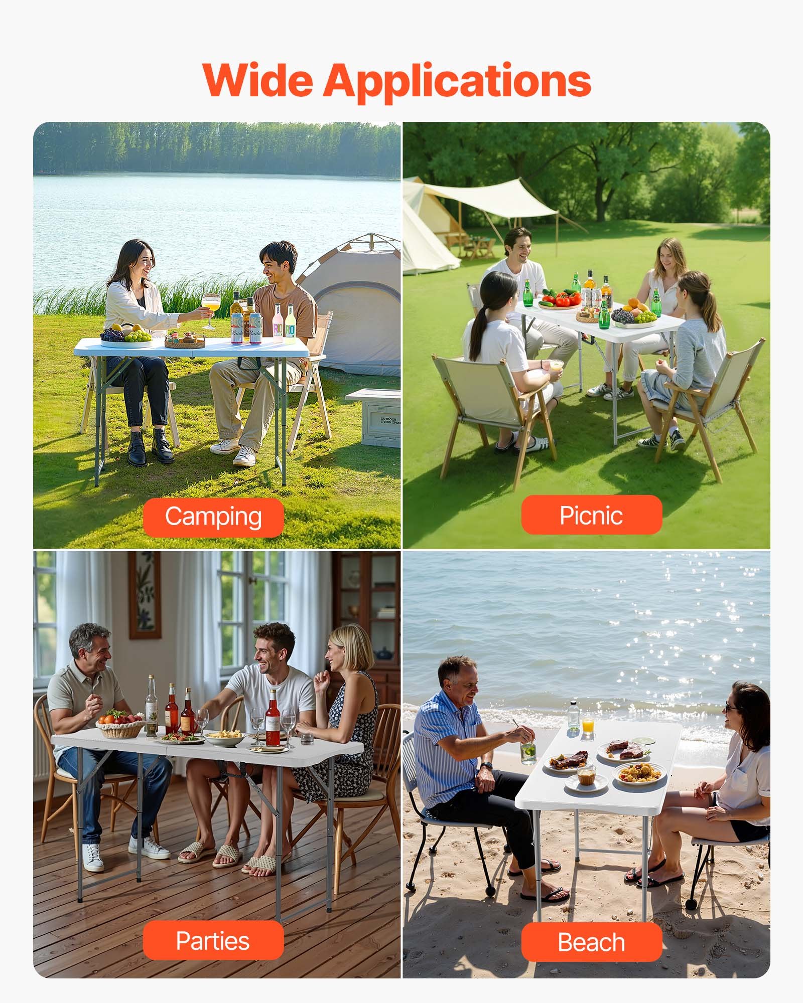 VEVOR Klapptisch Buffettisch tragbarer Allzwecktisch 122 cm, rechteckiger Kunststofftisch mit verstellbarer Höhe & integriertem Griff, Gartentisch Campingtisch für Partys Picknick Camping, weiß