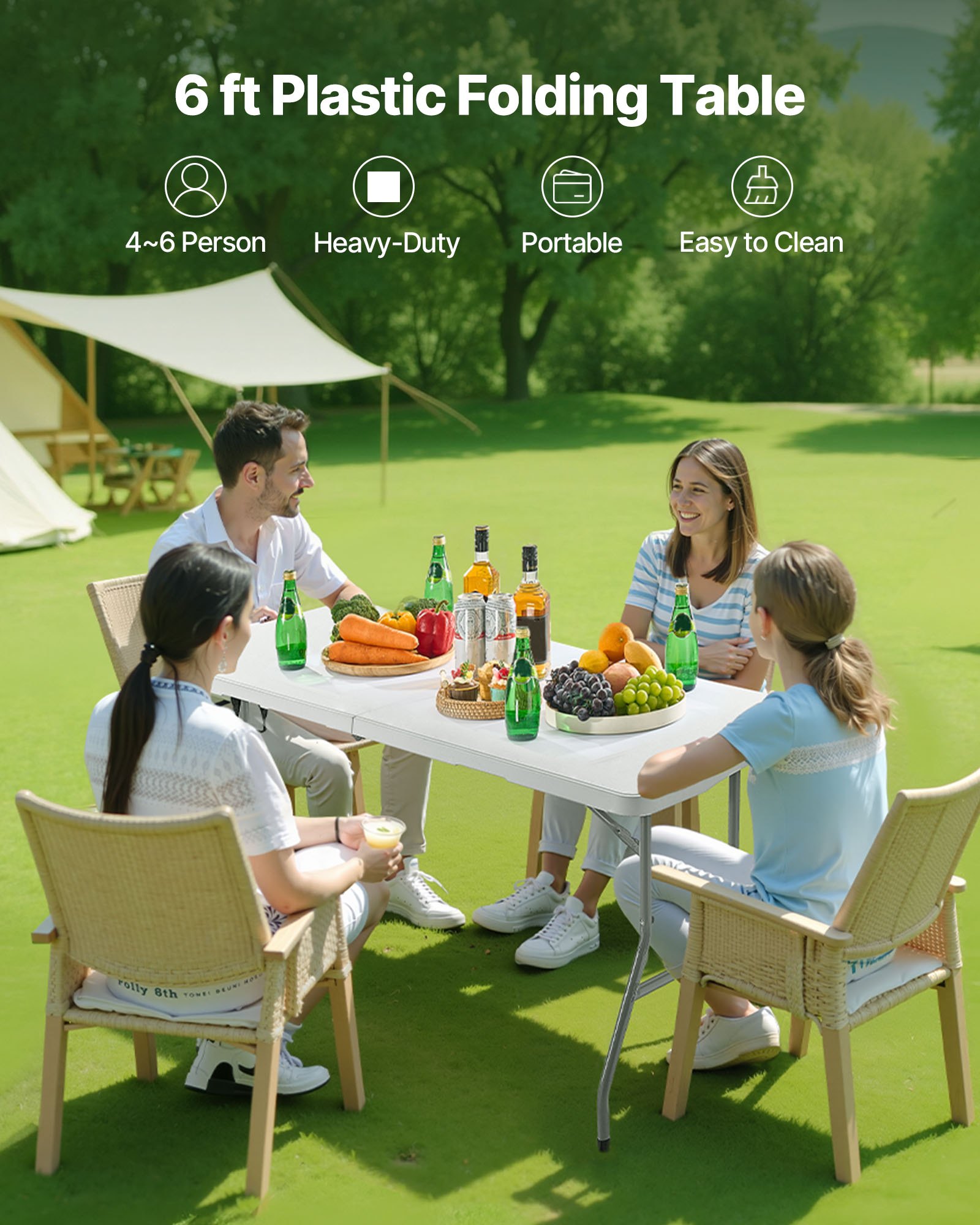 VEVOR Folding Table, 6 Ft Heavy Duty Portable Fold-in-Half Utility Table, Indoor Outdoor Plastic Rectangle Table with Built in Handle, for Party, Dining, Wedding, Events, Picnic, Camping, White