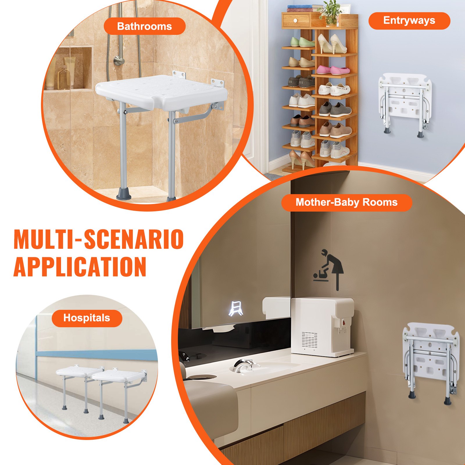 VEVOR Folding Shower Seat made of PE, 40.1 x 37.6 cm unfolded, wall-mounted, fold-up shower bench with 227 kg load capacity, space-saving foldable shower chair for seniors and pregnant women