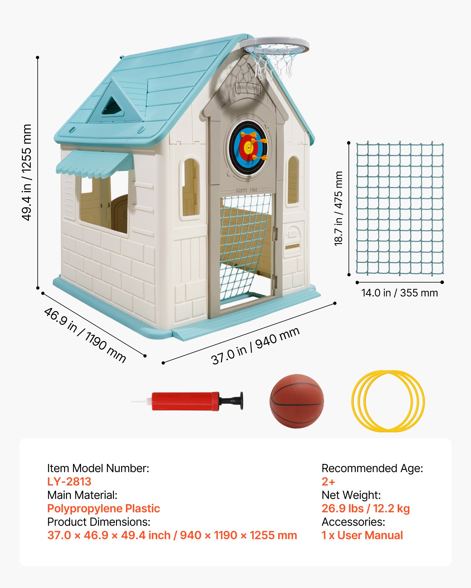 VEVOR Outdoor Spielhaus Outdoor 5 in 1 Gartenhaus (Rollenspielplatz/Basketball/Darts/Fußball/ Ringwurfspiel) Kinderspielhaus mit praktischer Tür & Rutschen-Set & Fenster für Kleinkinder ab 2 Jahren