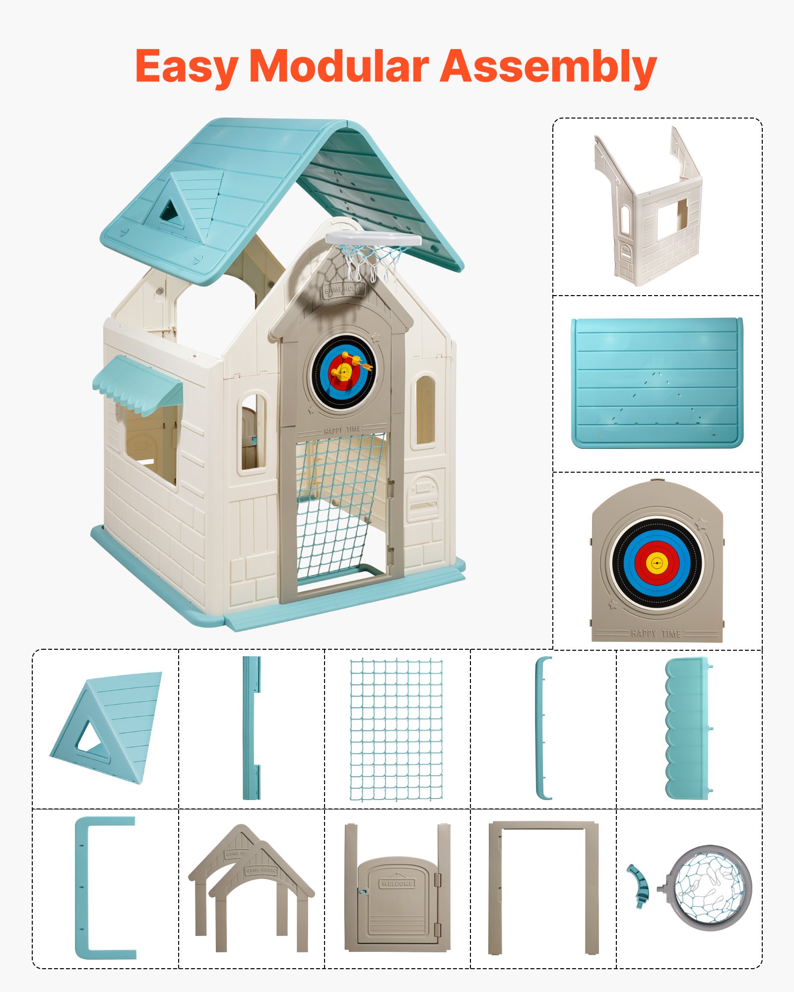 VEVOR Outdoor Spielhaus Outdoor 5 in 1 Gartenhaus (Rollenspielplatz/Basketball/Darts/Fußball/ Ringwurfspiel) Kinderspielhaus mit praktischer Tür & Rutschen-Set & Fenster für Kleinkinder ab 2 Jahren