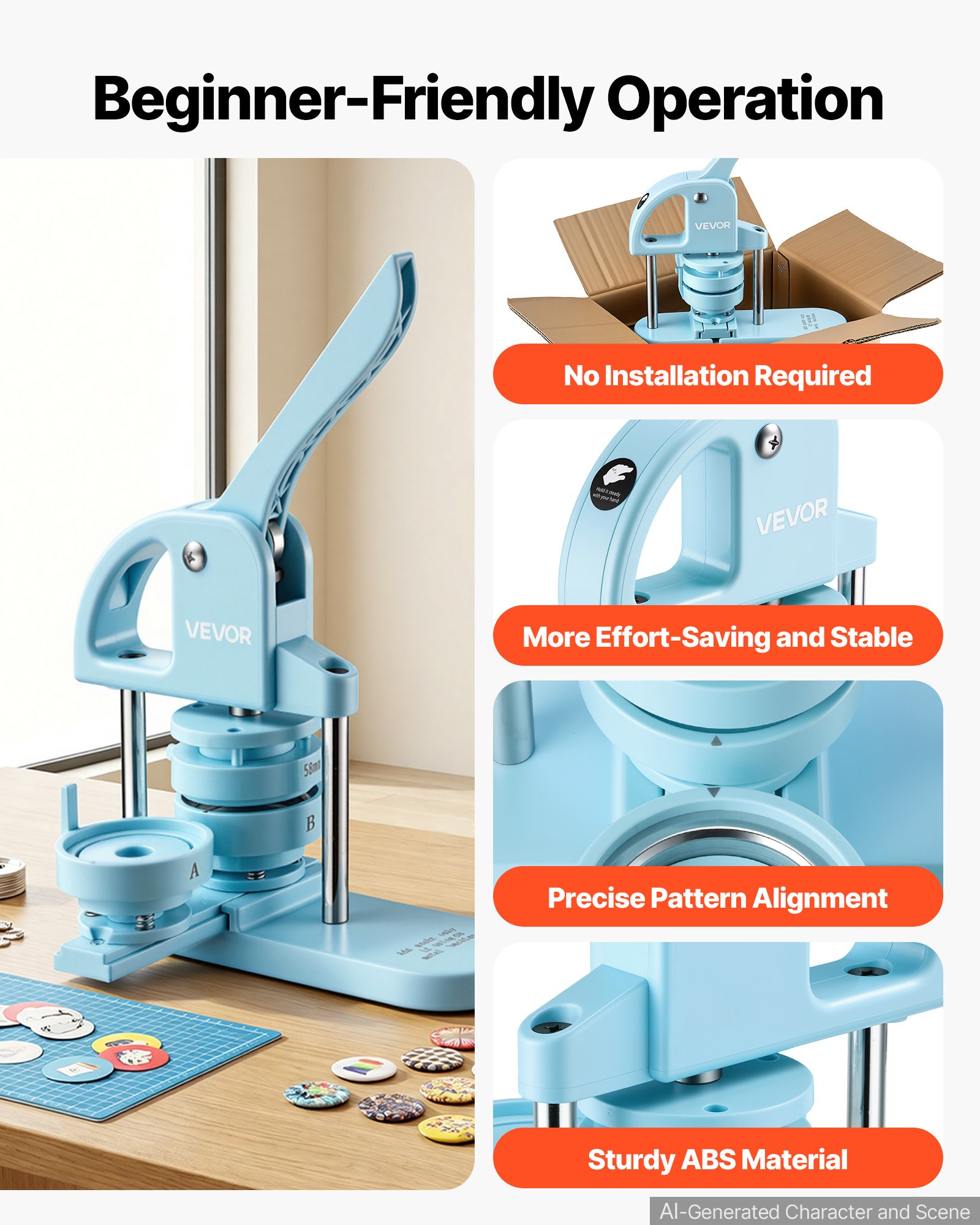 VEVOR Buttonmaschine 25/32/58 mm Knopfmachermaschine Blau 300 Stk., Mit Kreisschneider Zauberbuch & Ergonomischem Griff für DIY-Anstecker Pins Kühlschrankmagnete & Schlüsselanhänger