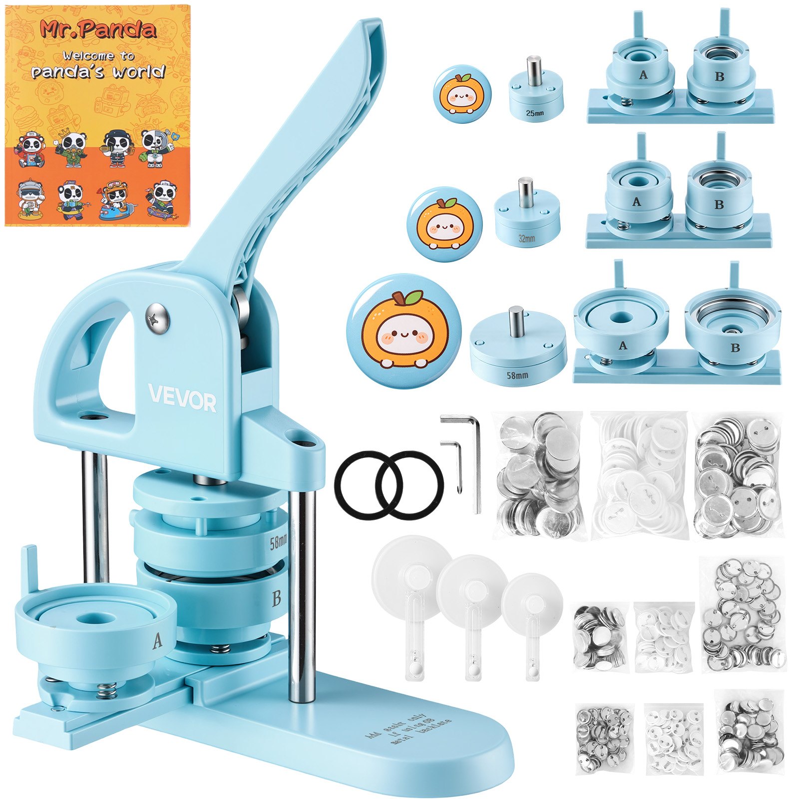 VEVOR Buttonmaschine 25/32/58 mm Knopfmachermaschine Blau 300 Stk., Mit Kreisschneider Zauberbuch & Ergonomischem Griff für DIY-Anstecker Pins Kühlschrankmagnete & Schlüsselanhänger