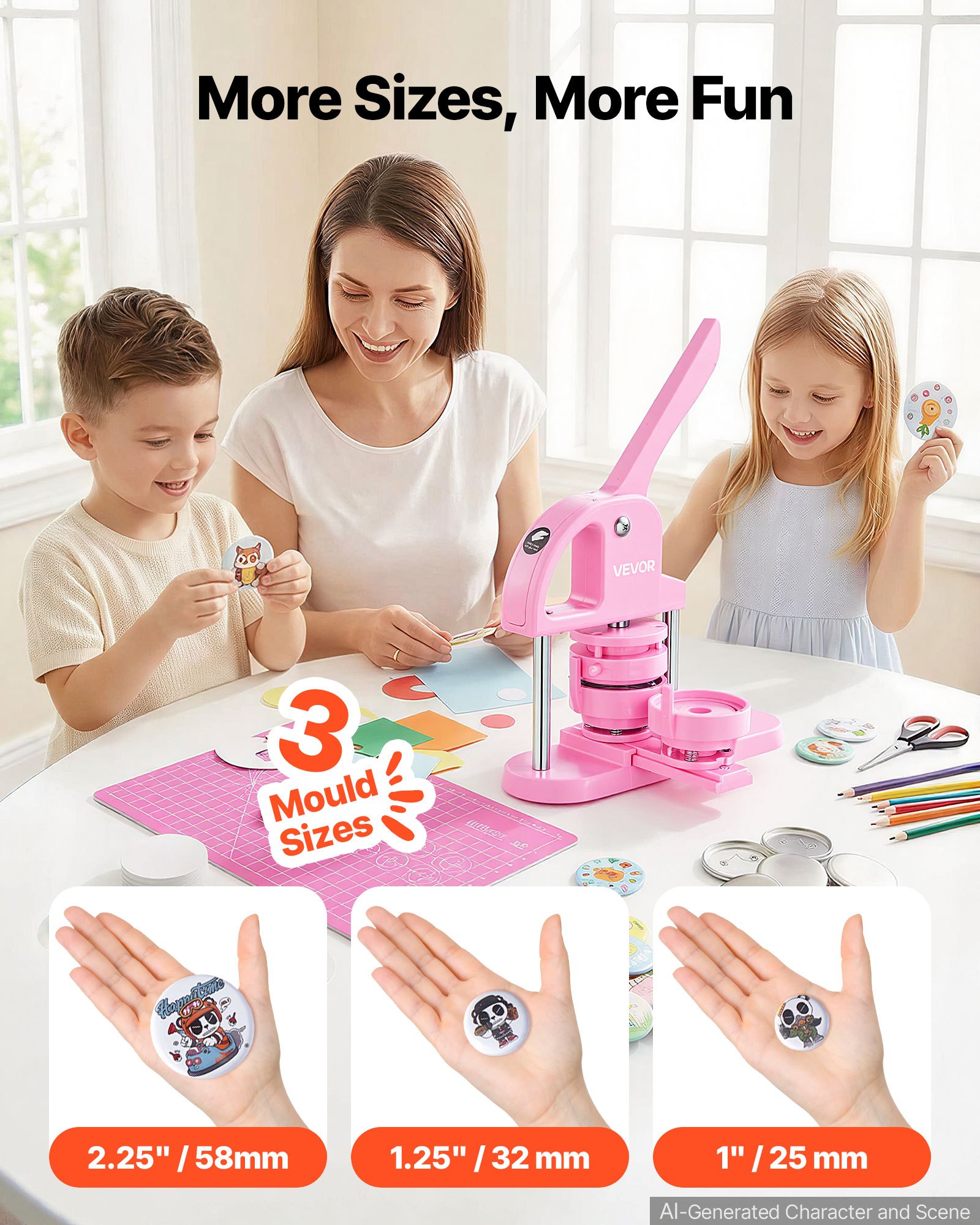 VEVOR Buttonmaker 25 / 32 / 58 mm 3-in-1-Pinmaker, 300-teilige Buttonteile, Buttonmaker-Maschine mit Panda-Zauberbuch, ergonomisches Stanzset mit Bogengriff, für DIY-Geschenke für Kind