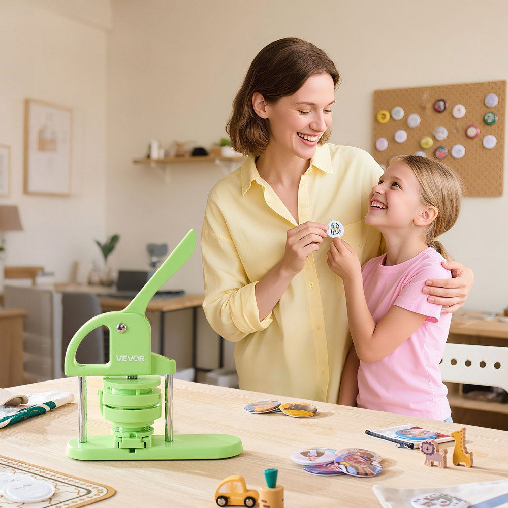 VEVOR Button Maker Machine, 58 mm / 75 mm 2-in-1, Plastic Pin Maker with 200 pcs Button Parts, Circle Cutter and Magic Book, Reinforced Ergonomic Handle, for DIY Badges, Personalized Pins, Green