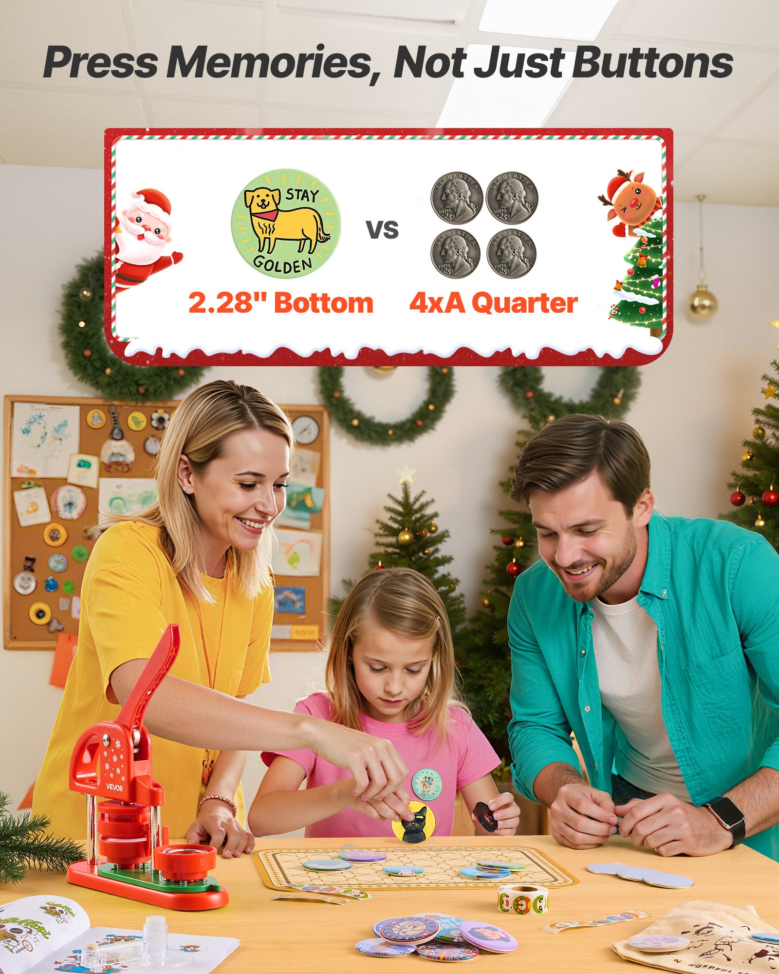 VEVOR Buttonmaschine Knopfmachermaschine Badge Punch Press 58 mm rund, Pinmaker mit 100 Knopfteilen & Kreisschneider & verstärkter ergonomischer Griff, DIY Badge Press Machine Button Maker Rot