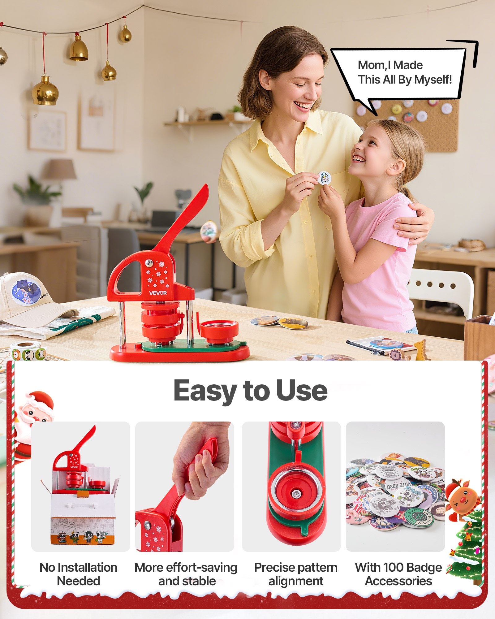 VEVOR Buttonmaschine Knopfmachermaschine Badge Punch Press 58 mm rund, Pinmaker mit 100 Knopfteilen & Kreisschneider & verstärkter ergonomischer Griff, DIY Badge Press Machine Button Maker Rot