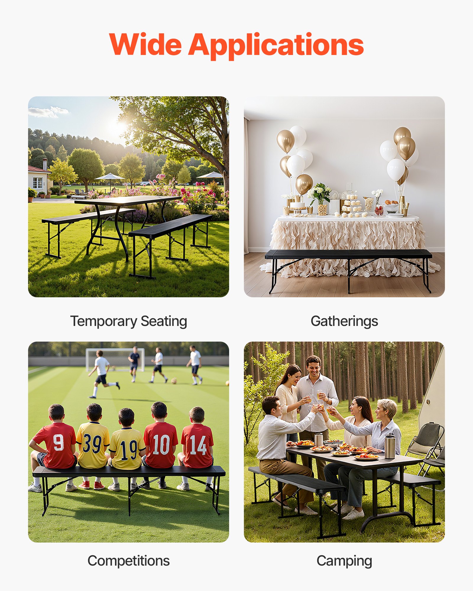 VEVOR Klappbank aus Kunststoff, 1,83 m tragbare Klappbank, glatte wasserdichte HDPE-Außenbank, Picknick-Camping-Esssitz mit Tragegriff, für unterhaltsame Aktivitäten wie Gartenfußball, schwarz (1 Packung)