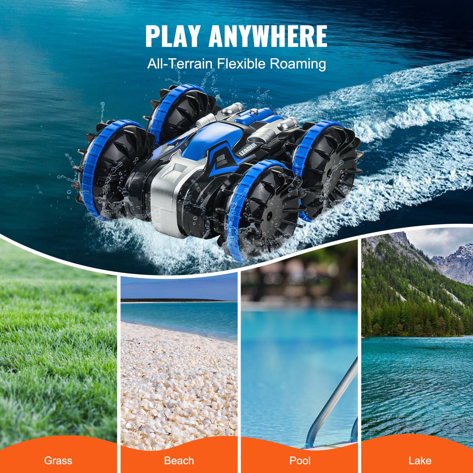 VEVOR Amphibisches ferngesteuertes Autoboot, 2,4 GHz, 12 km/h, 4WD wasserdichtes RC-Auto für Kinder, 360° drehbares Stunt-Auto mit 2 Batterien, All-Terrain-Wasserstrand-Poolspielzeug für Jungen und Mädchen ab 6 Jahren, Blau