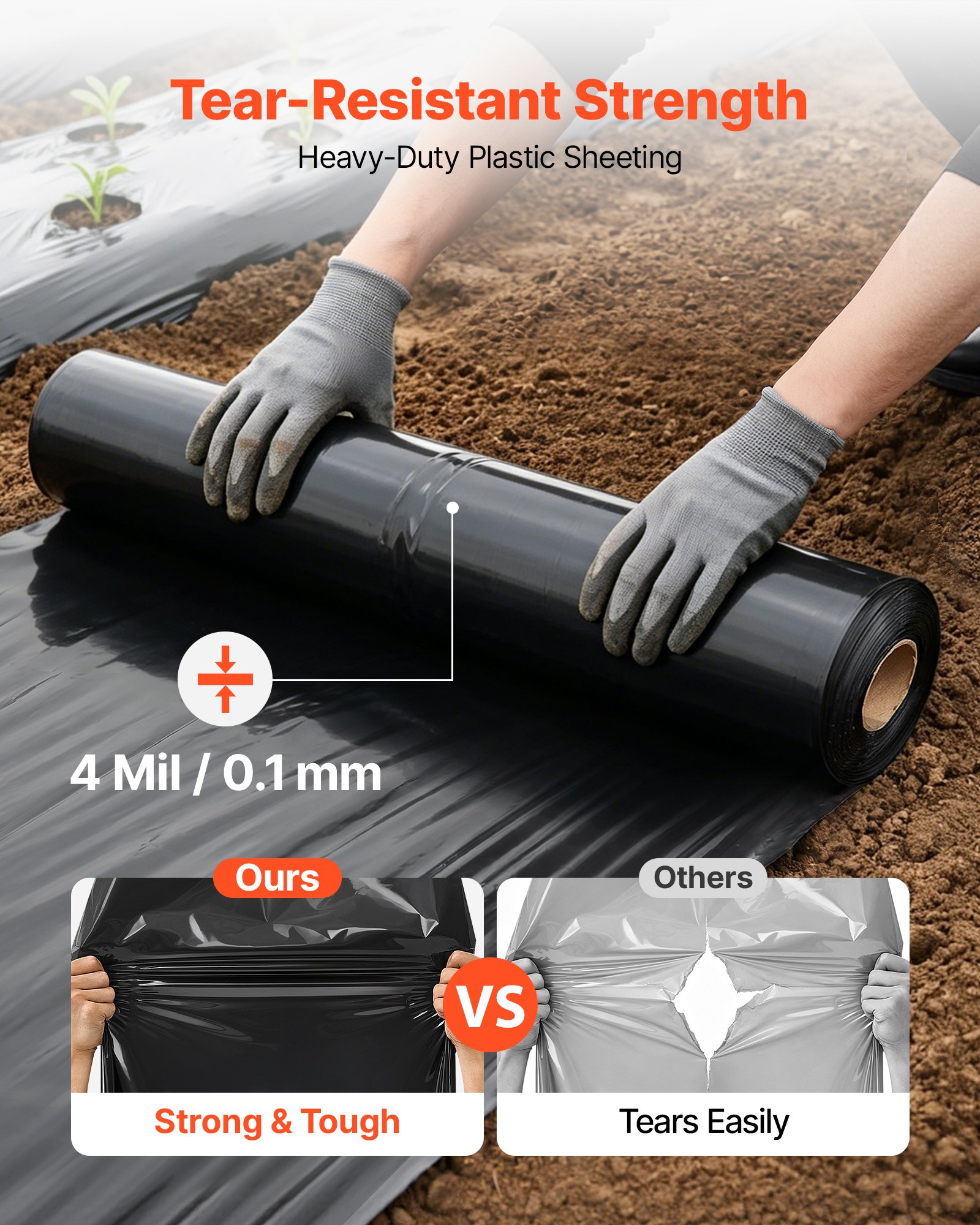 VEVOR Polyethylenfolie 3,05x30,48m Gartenfolie 0,1mm Unkrautvlies Schwarz, Kunststoffrolle für Gartenarbeit Abdeckplane Malerplane Abdeckfolie für Kriechkeller Dampfsperre Unkrautbekämpfung