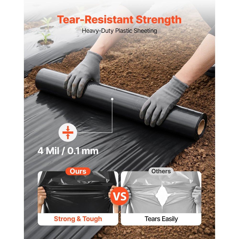 VEVOR Polyethylenfolie 1,83x30,48m Gartenfolie 0,1mm Unkrautvlies Schwarz, Kunststoffrolle für Gartenarbeit Abdeckplane Malerplane Abdeckfolie für Kriechkeller Dampfsperre Unkrautbekämpfung