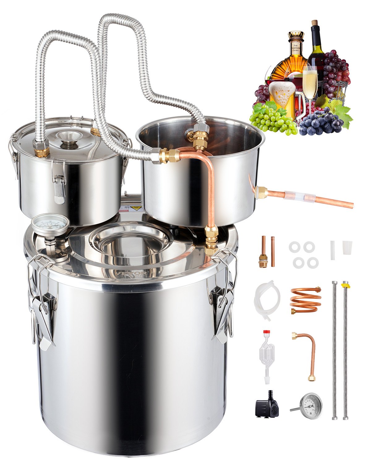 VEVOR 19L Stainless Steel Water Alcohol Distillation System with Copper Coil for Rapid Cooling, Double Condenser Distillation Set with Secondary Distillation, for Wine and Whiskey