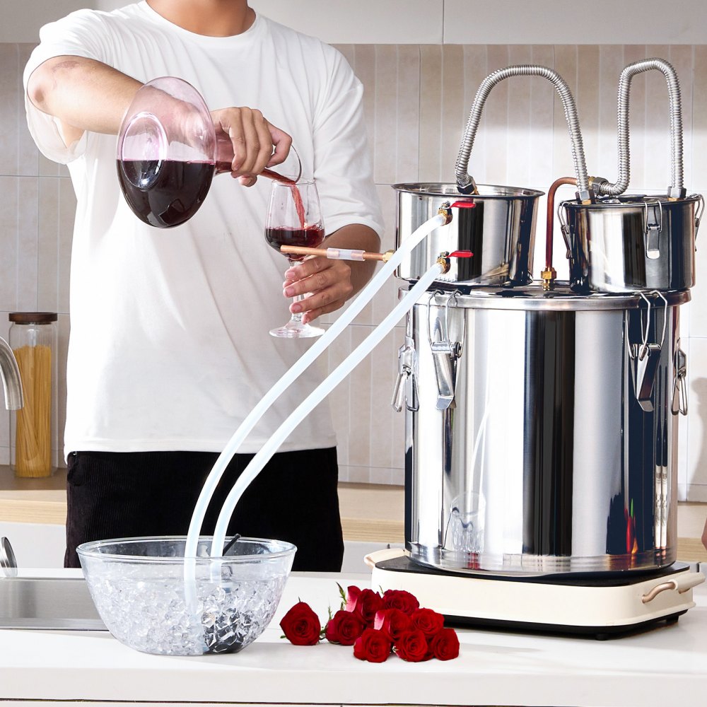 VEVOR 30L Stainless Steel Water Alcohol Distillation System with Copper Coil for Rapid Cooling, Double Condenser Distillation Set with Secondary Distillation, for Wine, Whiskey, Brandy, Silver