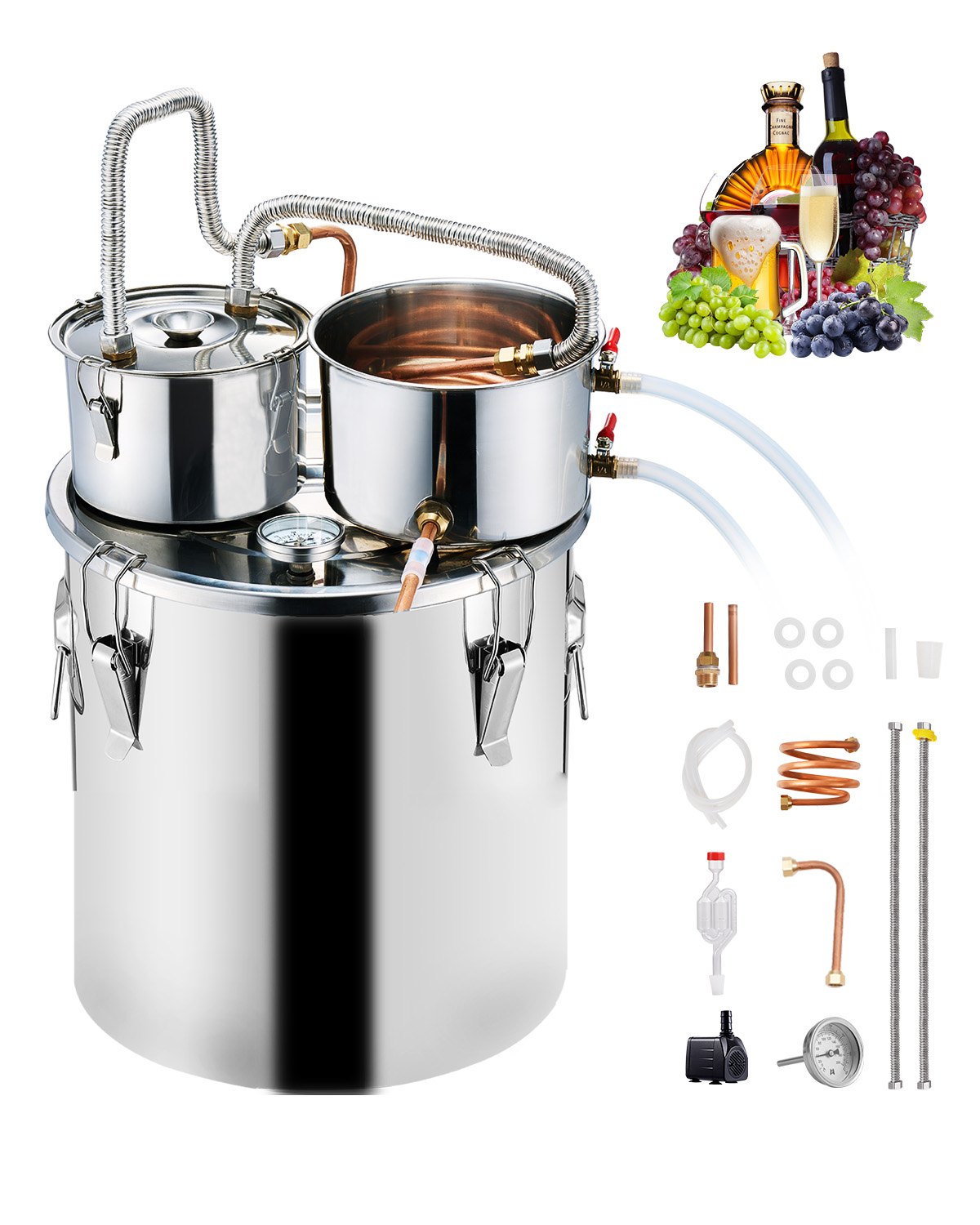 VEVOR 30L Stainless Steel Water Alcohol Distillation System with Copper Coil for Rapid Cooling, Double Condenser Distillation Set with Secondary Distillation, for Wine, Whiskey, Brandy, Silver