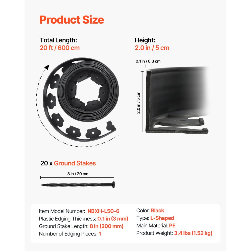 VEVOR Rasenkante, 600 x 5 cm, Kunststoff-Gartenbegrenzung mit 120 Spikes, Beeteinfassung, Landschaftseinfassung, Pflasterkante, Beetumrandung, Wegbegrenzungen für Blumenbeete, Hofpflaster