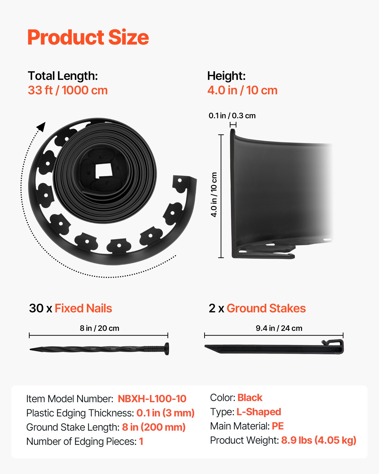 VEVOR Rasenkante, 10 m x 10 cm Kunststoff-Gartenbegrenzung mit 30 Spikes & 2 Erdspießen, Beetumrandung, Landschaftseinfassung, UV-beständige Mini-Zaunbegrenzungen für Blumenbeete & Hofpflaster