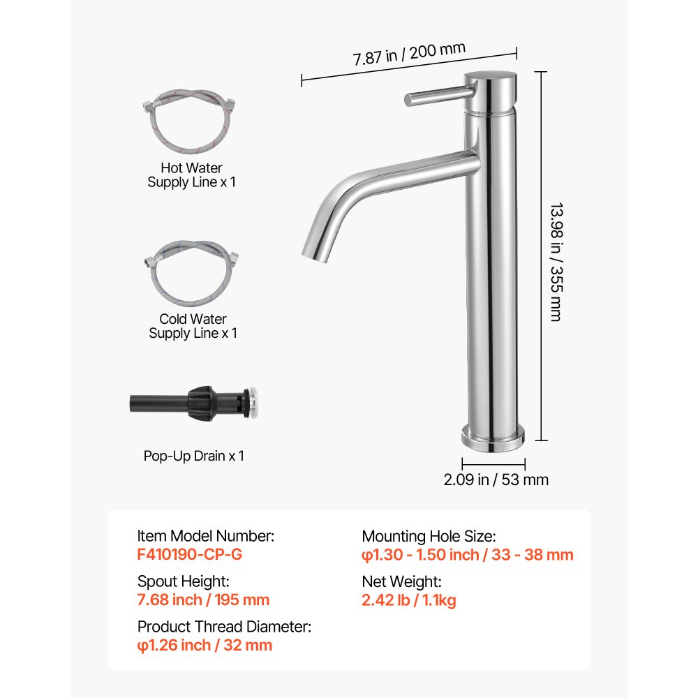 VEVOR Einhebelspültischarmatur, verchromter silberner Wasserhahn für Küchenspüle, Küchenwasserarmatur mit Druckknopfablauf, geeignet für Badezimmer Wohnmobil, Bar, Wasserhahn mit hohem Bogen