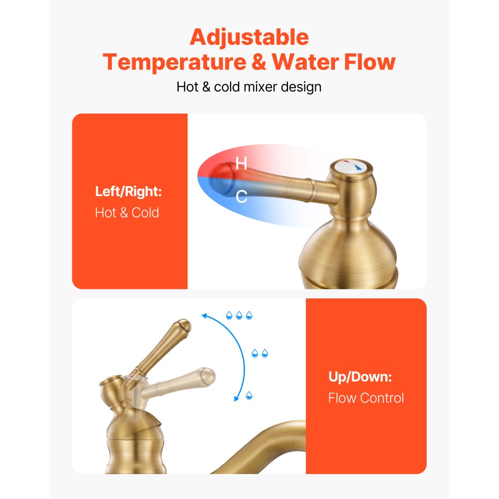 VEVOR Single Handle Sink Faucet, Solid Brass Single Handle Kitchen Faucet, 1 or 3 Hole Kitchen Faucets with Push-Button Drain, Suitable for Bathroom, RV, Bar, Public Restroom, Anti-Backflow Design