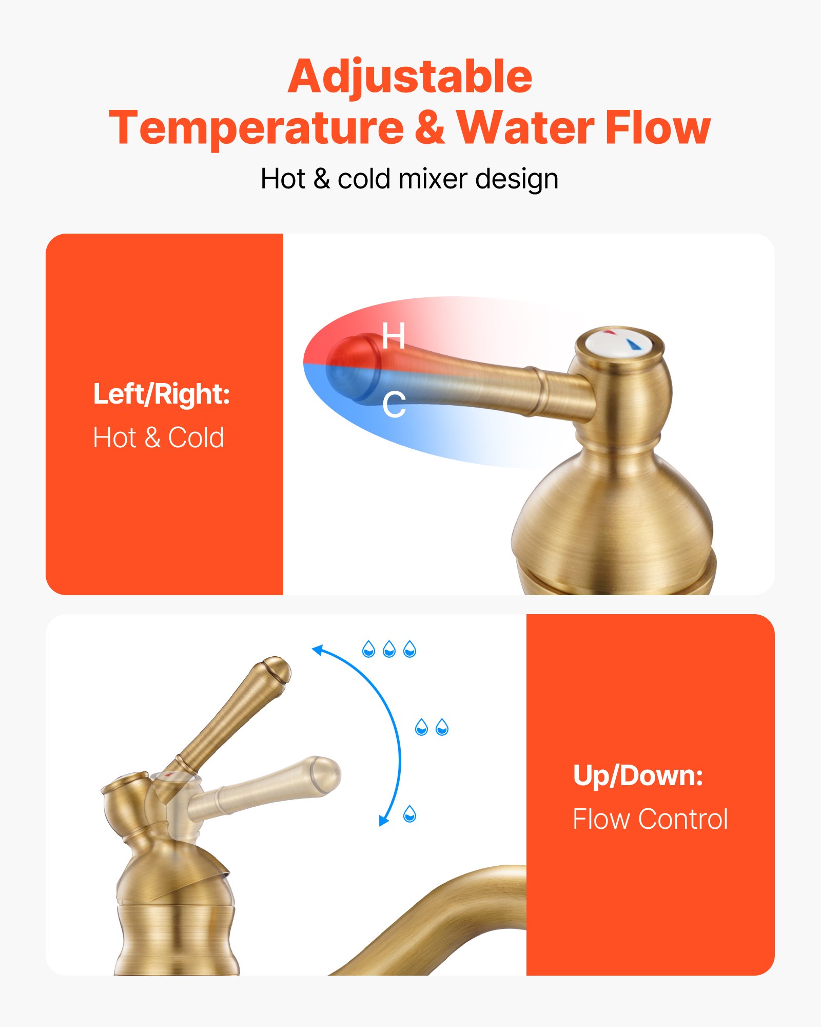 VEVOR Single Handle Sink Faucet, Solid Brass Single Handle Kitchen Faucet, 1 or 3 Hole Kitchen Faucets with Push-Button Drain, Suitable for Bathroom, RV, Bar, Public Restroom, Anti-Backflow Design